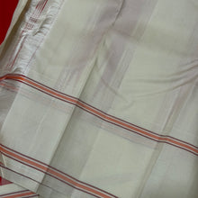 Saraswati- Red with Offwhite Temple Bordered Handwoven Premium Pure Zariless Korvai Kanjivaram Silk with beautiful offwhite borders rich seer pallu and contrast woven blouse