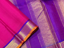 Nayaki- Gorgeous Pink with Vadamalli Purple Handwoven Pure Jari Kanjivaram Silk with Small araimadam borders with orange mustard selvedges rich pallu and contrast woven beautiful blouse