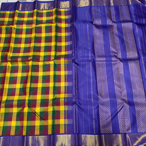 Vintage Style Handwoven Korvai Pure Jari Kanjivaram Silk Saree in Palum Pazhamum Checks with Araimadam borders rich pallu and contrast woven blouse