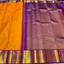 Vaibhogam- Gorgeous Mambazham Yellow with Purple Handwoven Pure Jari Korvai Kanjivaram Silk With Buttas woven body with Long and Short beautiful rich borders pallu and contrast woven blouse