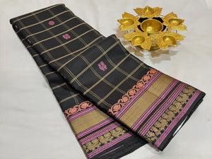 Black with Pink 1000 Buttas Checked Handwoven Pure Zariless Soft Kanjivaram Silk Saree Beauty