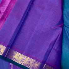 Nayaki- Peacock Blue Green with Purple Handwoven Pure Kanjivaram Silk with small borders rich seer pallu and contrast woven blouse