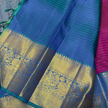 Vaibhogam- Vintage Inspired Beautiful Deep Wine with Peacock Blue Handwoven Pure Jari Korvai Kanjivaram Silk with missing checks style woven body with small buttas all over with beautiful rich borders pallu and contrast self striped blouse