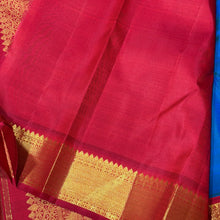 Vaibhogam- Stunning Peacock Blue with Dark Red Handwoven Pure Jari Korvai Kanjivaram Silk with Mayil Kuyil Buttas Woven beautiful body with rich borders veey uniquely woven pallu with elephants flying horses peacocks and contrast woven blouse