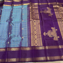 Premium Zariless Weave- Peacock Blue with Deep Purple Muthukattam Checks Handwoven Pure Kanjivaram Silk Saree with Doublepet Borders rich pallu sorgavasal themed with contrast blouse beauty