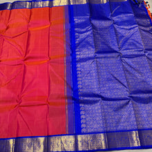 Sarasangi- Stunning Dual Tone Tomato Pink with Royal Blue Handwoven Pure Jari Korvai Kanjivaram Silk with beautifully woven borders rich pallu and contrast blue blouse