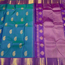 Peacock Blue Green with Purple Muthukattam with Buttas Mayilkan Borders Handwoven Pure Jari Kanjivaram Silk Saree Beauty