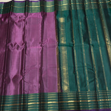 Deep Mauve with Sapphire Green Handwoven Pure Light Weight Kanjivaram Silk Saree Varisaipet Borders Beauty