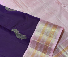 Vaibhogam- Beautiful Deep Purple with Baby Pink Handwoven Pure Jari Korvai Kanjivaram Silk with beautiful twisted gold and silver zari peacock motifs woven body with rich meenakari borders beautiful pallu and contrast woven blouse beauty
