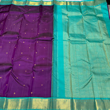 Evergreen Combo- Deep Purple with Turquoise Blue Green Buttas Korvai Handwoven Pure Jari Kanjivaram Silk Saree Beauty