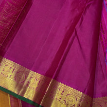 Sahana- Gorgeous Sampanga Mustard with Deep Magenta Buttas Handwoven Pure Jari Kanjivaram Silk with beautiful buttas woven body with mayil chakram motifs woven borders with green selvedges rich pallu and contrast woven blouse