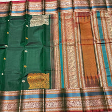 Dark Bottle Green with Manthulir buttas with Corner Buttas Konia Pallu with Varisaipet borders Handwoven Pure Zariless Kanchipuram Silk Saree Beauty
