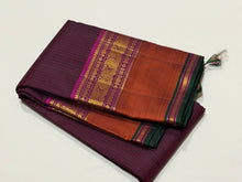 Sahana- Deep Maroonish Brown with Dark Magenta Muthukattam Handwoven Pure Jari Kanjivaram Silk with spaced borders in magenta rust and green with rich pallu and contrast woven blouse