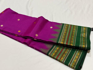 Vadamalli Purple with Bottle Green Korvai with Buttas Varisaipet with temple borders Handwoven Pure Zariless Kanjivaram Silk Saree Beauty
