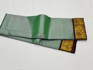 Dual tone Pastel Green short with Grape with Brown Korvai Vairaoosi Handwoven Pure Jari Kanjivaram Silk Saree Beauty