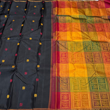 Black with Bomkai Pallu Premium Zariless Handwoven Pure Kanjivaram Silk Saree with small borders rich silk thread buttas woven body rich bomkai pallu and contrast checked blouse beauty