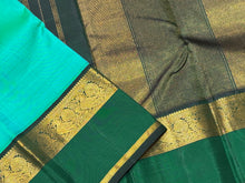 Gorgeous Pastel Green with Dark Bottle Green Kai Korvai Handwoven Pure Jari Kanjivaram Silk with beautiful spaced borders rich seer pallu and contrast woven blouse