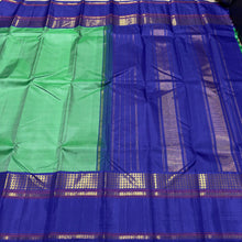 Sarasangi- Beautiful Pastel Green with Royal Blue Handwoven Pure Jari Korvai Kanjivaram Silk with beautiful borders rich seer pallu and contrast woven blouse