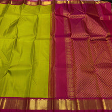 Sarasangi- Stunning  green and yellow with Tomato pink Handwoven Pure Jari Korvai Kanjivaram  Silk with beautiful kasakasa podikattam woven body with rich borders beautiful and intricate pallu and contrast woven blouse