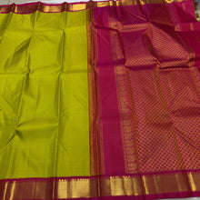 Sarasangi- Stunning  green and yellow with Tomato pink Handwoven Pure Jari Korvai Kanjivaram  Silk with beautiful kasakasa podikattam woven body with rich borders beautiful and intricate pallu and contrast woven blouse