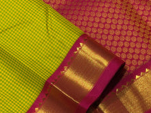 Sarasangi- Stunning  green and yellow with Tomato pink Handwoven Pure Jari Korvai Kanjivaram  Silk with beautiful kasakasa podikattam woven body with rich borders beautiful and intricate pallu and contrast woven blouse